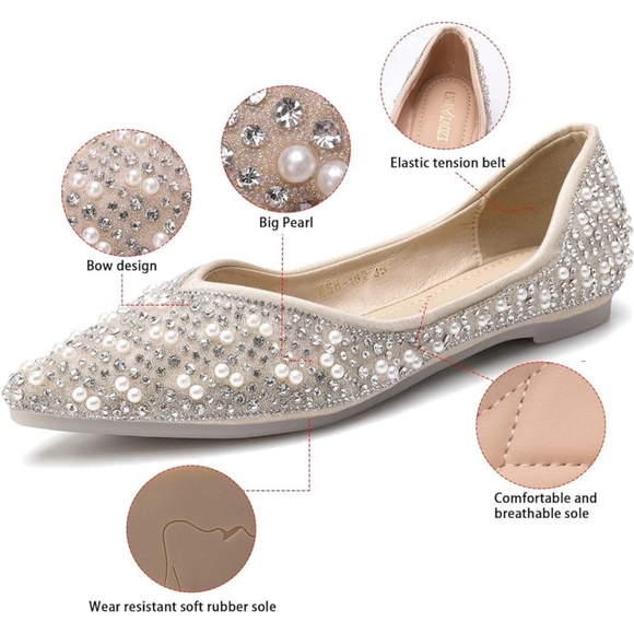 NIB Beige Rhinestone Pearl Jewels Gem Sparkly Pointed Party Flats Shoes 10.5 - Picture 14 of 17